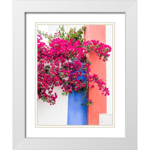 Portugal-Obidos-Dark pink bougainvillea vine against a blue-orange and white striped wall White Modern Wood Framed Art Print with Double Matting by Eggers, Julie