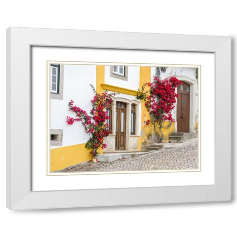 Portugal-Obidos-Dark pink bougainvillea vine growing along side the entrance of a home in the walle White Modern Wood Framed Art Print with Double Matting by Eggers, Julie