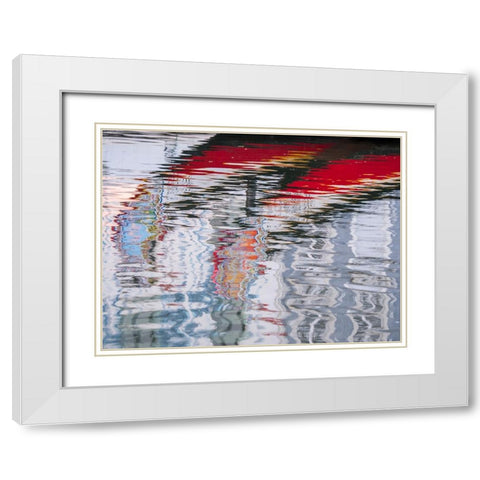Portugal-Aveiro-Reflections of traditional and colorful salt boats-called Moliceiro-in the canals o White Modern Wood Framed Art Print with Double Matting by Eggers, Julie
