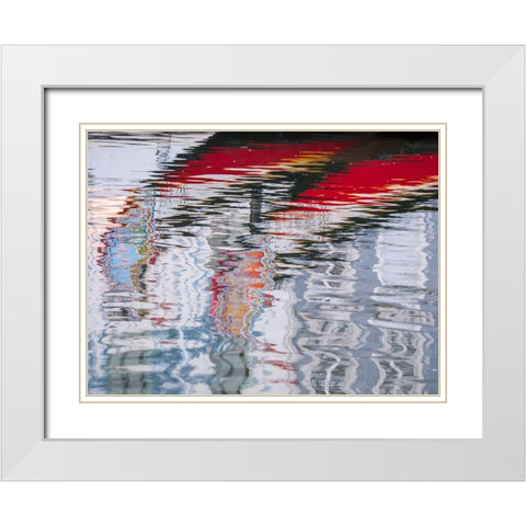 Portugal-Aveiro-Reflections of traditional and colorful salt boats-called Moliceiro-in the canals o White Modern Wood Framed Art Print with Double Matting by Eggers, Julie