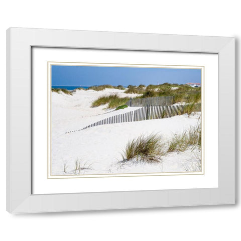 Portugal-Costa Nova-Beach grass-sand and old fence line at the beach resort of Costa Nova near Avei White Modern Wood Framed Art Print with Double Matting by Eggers, Julie