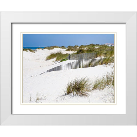 Portugal-Costa Nova-Beach grass-sand and old fence line at the beach resort of Costa Nova near Avei White Modern Wood Framed Art Print with Double Matting by Eggers, Julie