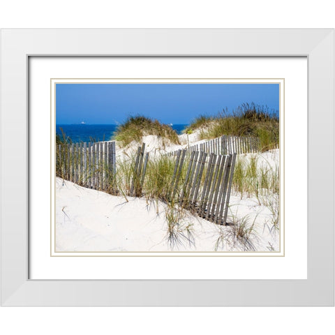 Portugal-Costa Nova-Beach grass-sand and old fence line at the beach resort of Costa Nova near Avei White Modern Wood Framed Art Print with Double Matting by Eggers, Julie