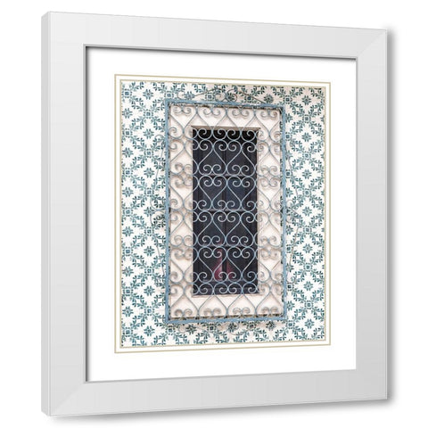 Portugal-Aveiro-Shuttered window on tiled wall with wrought iron covering White Modern Wood Framed Art Print with Double Matting by Eggers, Julie