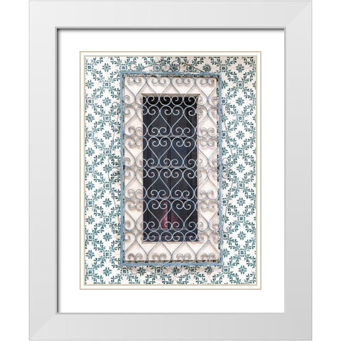 Portugal-Aveiro-Shuttered window on tiled wall with wrought iron covering White Modern Wood Framed Art Print with Double Matting by Eggers, Julie