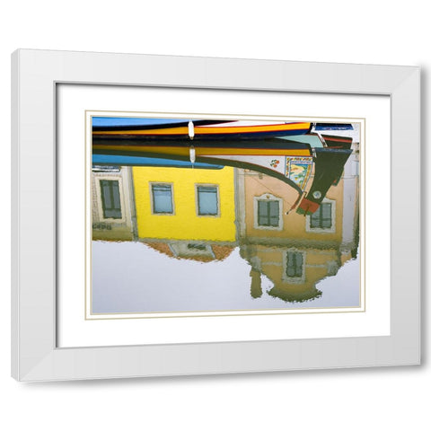 Portugal-Aveiro-Reflection of colorful buildings and painted Moliceiro boats in the canal White Modern Wood Framed Art Print with Double Matting by Eggers, Julie