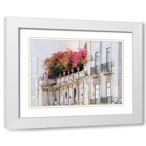 Portugal-Lisbon-Colorful Bougainvillea trailing over balcony of white building White Modern Wood Framed Art Print with Double Matting by Eggers, Julie