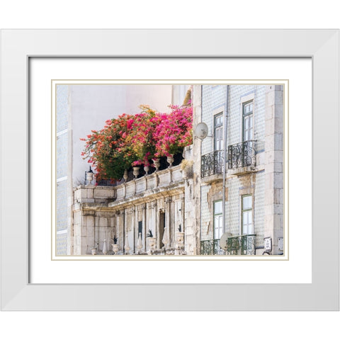Portugal-Lisbon-Colorful Bougainvillea trailing over balcony of white building White Modern Wood Framed Art Print with Double Matting by Eggers, Julie