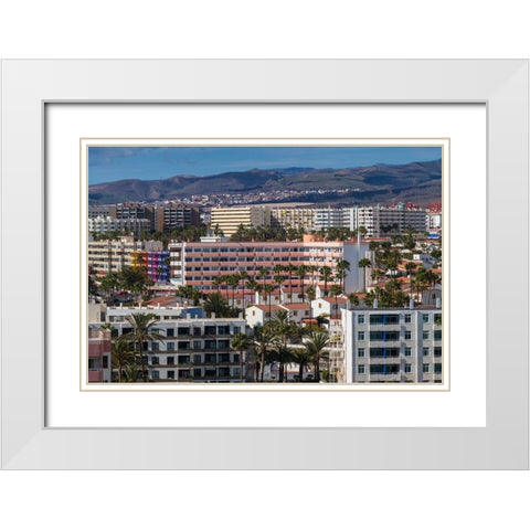 Spain-Canary Islands-Gran Canaria Island-Playa del Ingles-high angle view of town White Modern Wood Framed Art Print with Double Matting by Bibikow, Walter
