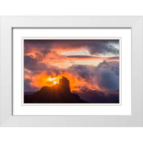 Spain-Canary Islands-Gran Canaria Island-Tejeda-mountain landscape with Roque Bentayga-sunset White Modern Wood Framed Art Print with Double Matting by Bibikow, Walter