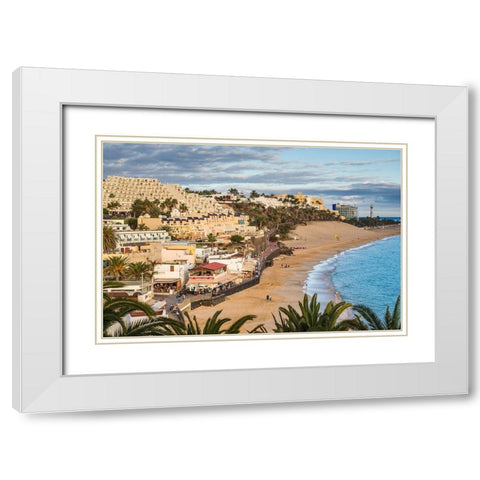 Canary Islands-Fuerteventura Island-Morro Jable-high angle view of Playa de la Cebada beach-sunset White Modern Wood Framed Art Print with Double Matting by Bibikow, Walter