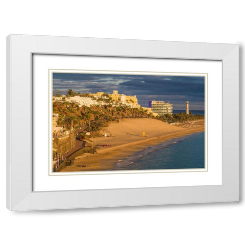Canary Islands-Fuerteventura Island-Morro Jable-high angle view of Playa de la Cebada beach-sunset White Modern Wood Framed Art Print with Double Matting by Bibikow, Walter