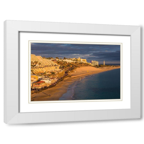 Canary Islands-Fuerteventura Island-Morro Jable-high angle view of Playa de la Cebada beach-sunset White Modern Wood Framed Art Print with Double Matting by Bibikow, Walter
