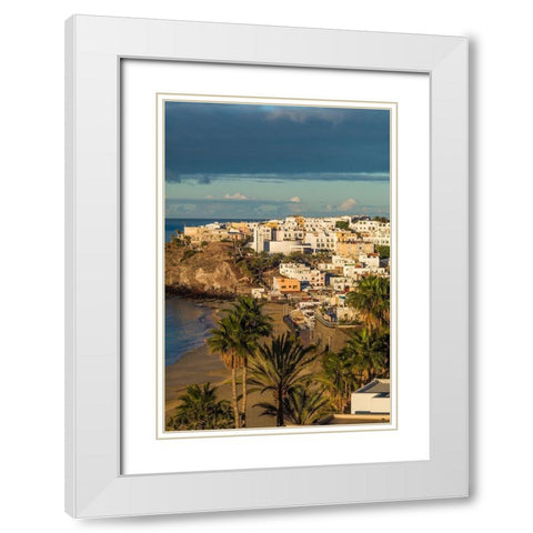 Canary Islands-Fuerteventura Island-Morro Jable-high angle view of Playa de la Cebada beach-dawn White Modern Wood Framed Art Print with Double Matting by Bibikow, Walter