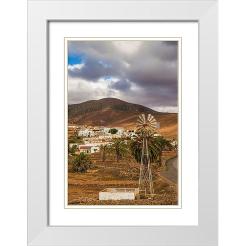 Canary Islands-Fuerteventura Island-Toto-desert village view with windmill White Modern Wood Framed Art Print with Double Matting by Bibikow, Walter