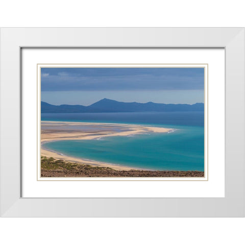 Canary Islands-Fuerteventura Island-Costa Calma-high angle view of Playa de Sotavento beach-morning White Modern Wood Framed Art Print with Double Matting by Bibikow, Walter