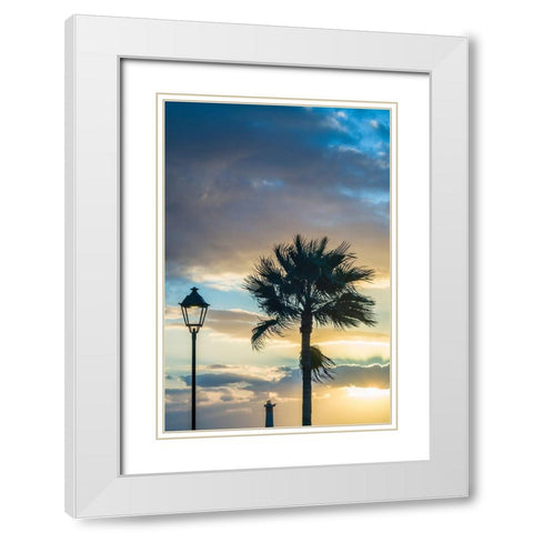 Canary Islands-Fuerteventura Island-Morro Jable-Playa del Matorral beach-palm tree-streetlight White Modern Wood Framed Art Print with Double Matting by Bibikow, Walter