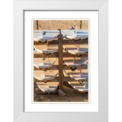 Canary Islands-Fuerteventura Island-Morro Jable-Playa del Matorral beach-surfboards White Modern Wood Framed Art Print with Double Matting by Bibikow, Walter