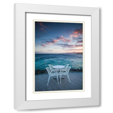 Canary Islands-Fuerteventura Island-Caleta de Fuste-Puerto Deportivo-harbor cafe-dusk White Modern Wood Framed Art Print with Double Matting by Bibikow, Walter