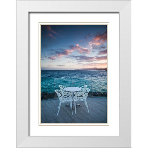Canary Islands-Fuerteventura Island-Caleta de Fuste-Puerto Deportivo-harbor cafe-dusk White Modern Wood Framed Art Print with Double Matting by Bibikow, Walter