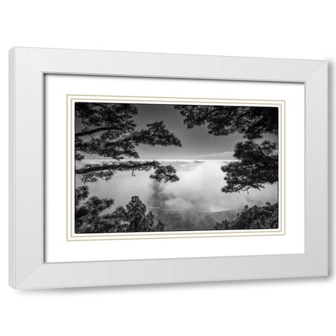 Canary Islands-El Hierro Island-Mirador de las Playas-elevated view of the east coast with fog White Modern Wood Framed Art Print with Double Matting by Bibikow, Walter