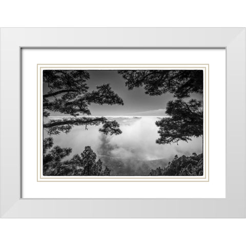 Canary Islands-El Hierro Island-Mirador de las Playas-elevated view of the east coast with fog White Modern Wood Framed Art Print with Double Matting by Bibikow, Walter