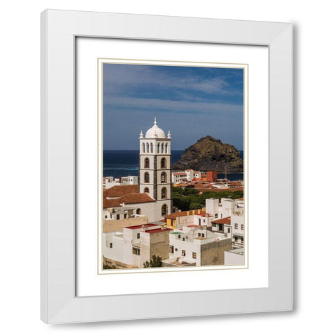 Canary Islands-Tenerife Island-Garachico-elevated town view with the Iglesia de Santa Ana church White Modern Wood Framed Art Print with Double Matting by Bibikow, Walter