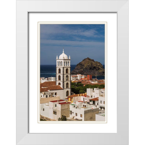 Canary Islands-Tenerife Island-Garachico-elevated town view with the Iglesia de Santa Ana church White Modern Wood Framed Art Print with Double Matting by Bibikow, Walter