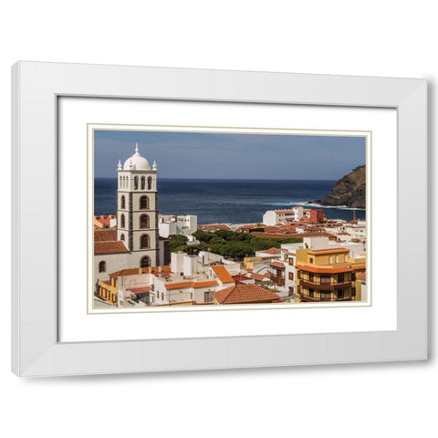 Canary Islands-Tenerife Island-Garachico-elevated town view with the Iglesia de Santa Ana church White Modern Wood Framed Art Print with Double Matting by Bibikow, Walter