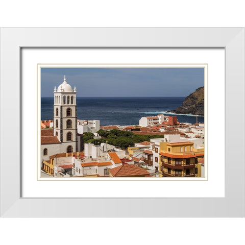Canary Islands-Tenerife Island-Garachico-elevated town view with the Iglesia de Santa Ana church White Modern Wood Framed Art Print with Double Matting by Bibikow, Walter