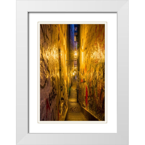 Sweden-Stockholm-Gamla Stan-Old Town-Marten Trotzigs Grand-narrowest street in Stockholm-evening White Modern Wood Framed Art Print with Double Matting by Bibikow, Walter