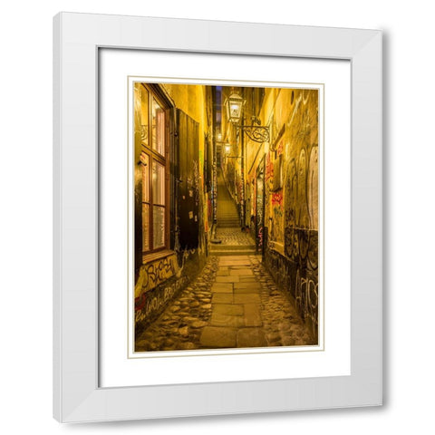 Sweden-Stockholm-Gamla Stan-Old Town-Marten Trotzigs Grand-narrowest street in Stockholm-evening White Modern Wood Framed Art Print with Double Matting by Bibikow, Walter
