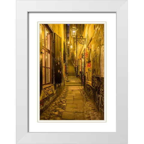 Sweden-Stockholm-Gamla Stan-Old Town-Marten Trotzigs Grand-narrowest street in Stockholm-evening White Modern Wood Framed Art Print with Double Matting by Bibikow, Walter