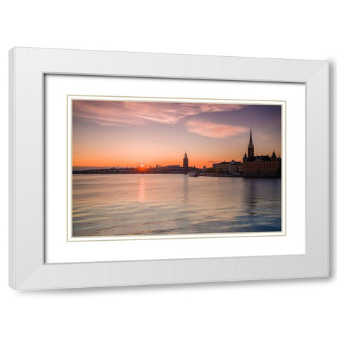 Sweden-Stockholm-Stockholm City Hall and Riddarholmen church-sunset White Modern Wood Framed Art Print with Double Matting by Bibikow, Walter