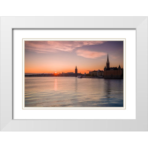 Sweden-Stockholm-Stockholm City Hall and Riddarholmen church-sunset White Modern Wood Framed Art Print with Double Matting by Bibikow, Walter