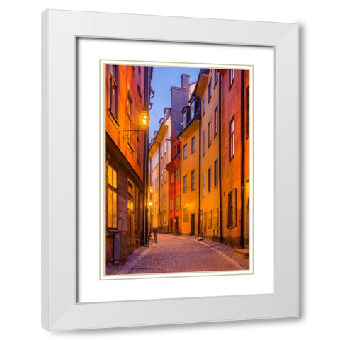 Sweden-Stockholm-Gamla Stan-Old Town-Royal Palace-old town street-dusk White Modern Wood Framed Art Print with Double Matting by Bibikow, Walter