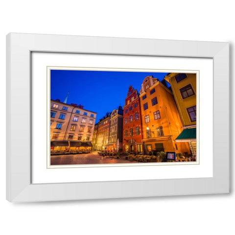 Sweden-Stockholm-Gamla Stan-Old Town-buildings of the Stortorget Square-dusk White Modern Wood Framed Art Print with Double Matting by Bibikow, Walter