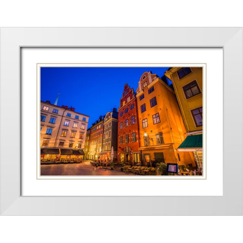 Sweden-Stockholm-Gamla Stan-Old Town-buildings of the Stortorget Square-dusk White Modern Wood Framed Art Print with Double Matting by Bibikow, Walter