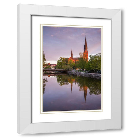 Sweden-Central Sweden-Uppsala-Domkyrka Cathedral-reflection-dusk White Modern Wood Framed Art Print with Double Matting by Bibikow, Walter