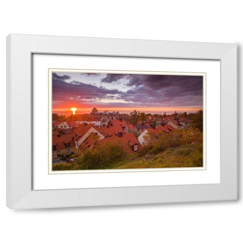 Sweden-Gotland Island-Visby-high angle city view-dusk White Modern Wood Framed Art Print with Double Matting by Bibikow, Walter