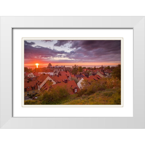 Sweden-Gotland Island-Visby-high angle city view-dusk White Modern Wood Framed Art Print with Double Matting by Bibikow, Walter