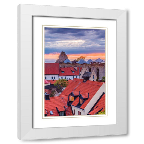 Sweden-Gotland Island-Visby-high angle city view-dusk White Modern Wood Framed Art Print with Double Matting by Bibikow, Walter