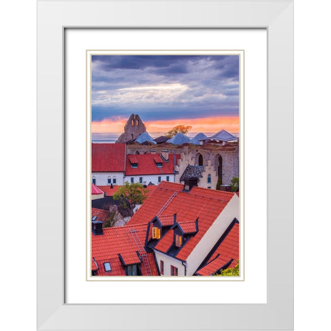 Sweden-Gotland Island-Visby-high angle city view-dusk White Modern Wood Framed Art Print with Double Matting by Bibikow, Walter