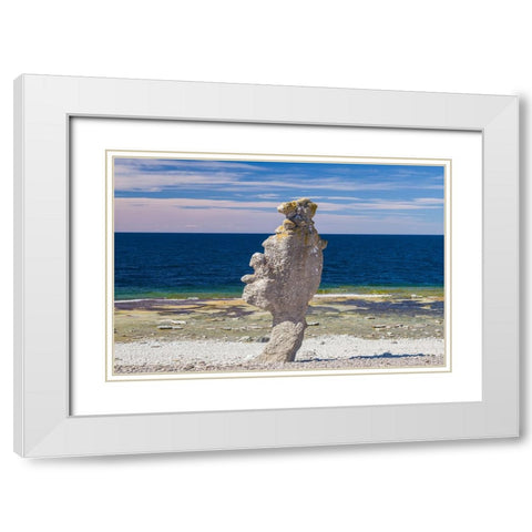 Sweden-Faro Island-Langhammars Area-Langhammar coastal limestone rauk rock White Modern Wood Framed Art Print with Double Matting by Bibikow, Walter