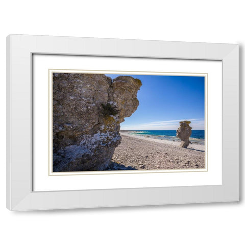 Sweden-Faro Island-Langhammars Area-Langhammar coastal limestone rauk rock White Modern Wood Framed Art Print with Double Matting by Bibikow, Walter