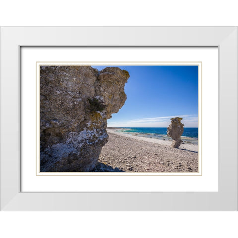 Sweden-Faro Island-Langhammars Area-Langhammar coastal limestone rauk rock White Modern Wood Framed Art Print with Double Matting by Bibikow, Walter