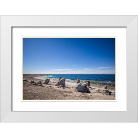 Sweden-Faro Island-Langhammars Area-Langhammar coastal limestone rauk rocks with visitors White Modern Wood Framed Art Print with Double Matting by Bibikow, Walter