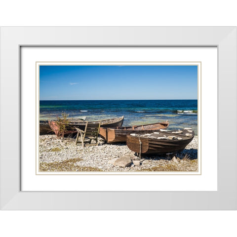 Sweden-Faro Island-Kursviken-coastal farmers fishing boats White Modern Wood Framed Art Print with Double Matting by Bibikow, Walter