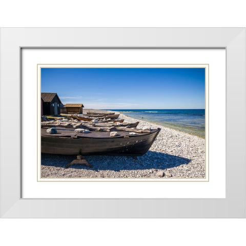 Sweden-Faro Island-Kursviken-coastal farmers fishing boats White Modern Wood Framed Art Print with Double Matting by Bibikow, Walter