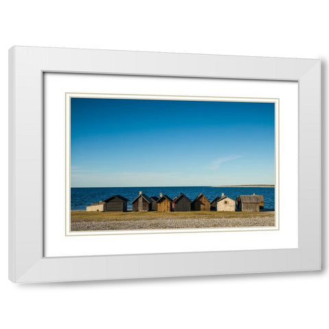 Sweden-Faro Island-Kursviken-coastal farmers fishing shacks-sunset White Modern Wood Framed Art Print with Double Matting by Bibikow, Walter